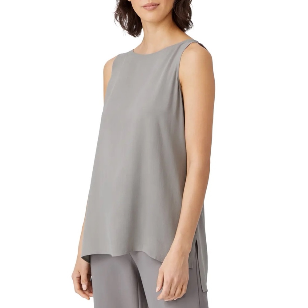 EILEEN FISHER Silk Crepe Bateau Neck Shell- Gray